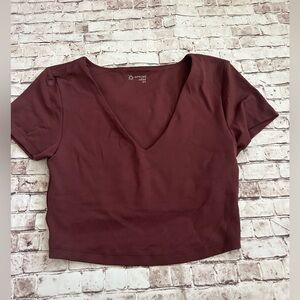 Aerie Offline Brown Short Sleeve V Neck Top Size Small